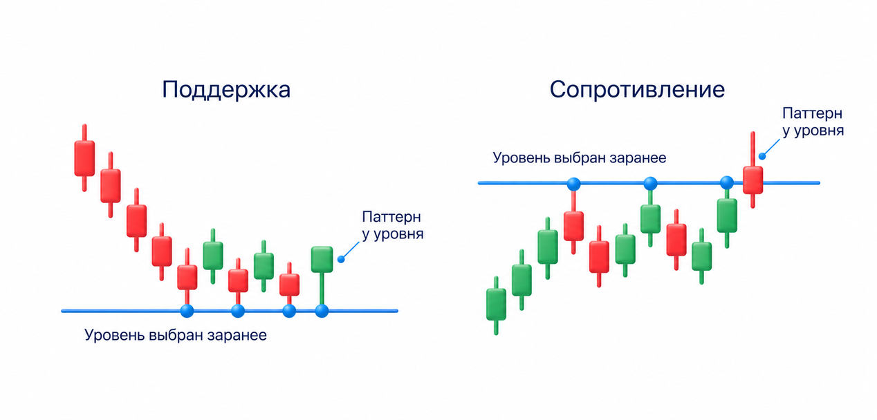 Паттерн оценивается у заранее выбранной поддержки или сопротивления; уровень нельзя подгонять после появления паттерна.