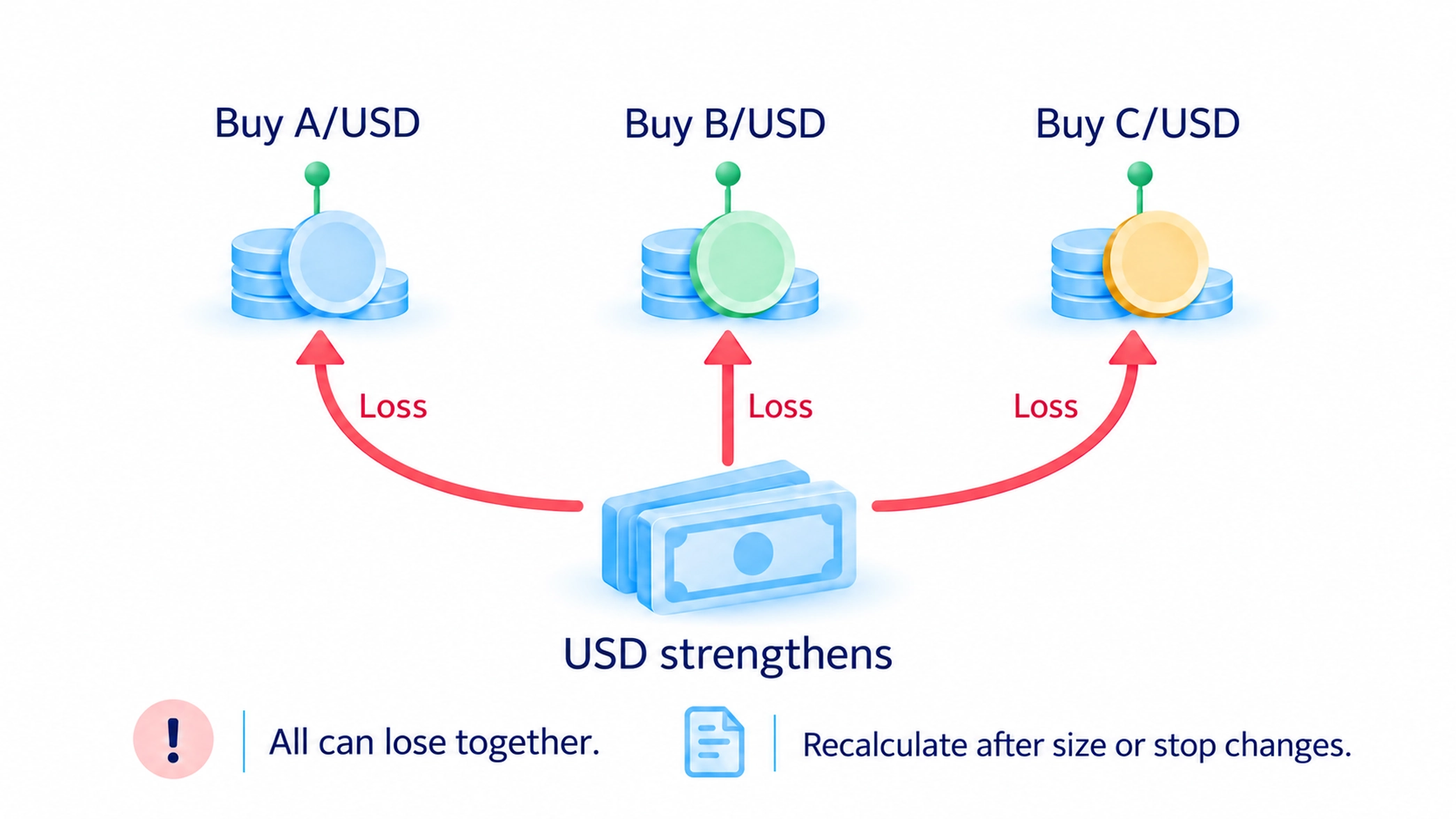 Several currency purchases against the US dollar can lose together when it strengthens; different names do not ensure independent risk and position changes require recalculation.