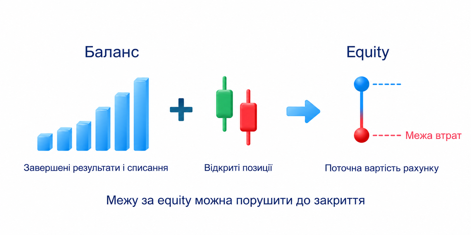 Баланс враховує завершені результати й списання, equity також відкриті позиції; межу за equity можна порушити до закриття, час перерахунку й витрати потребують перевірки