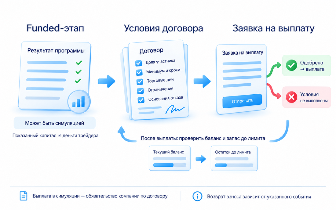 Funded-этап может оставаться симулированным; денежная выплата определяется обязательствами компании, долей, сроками и основаниями отказа