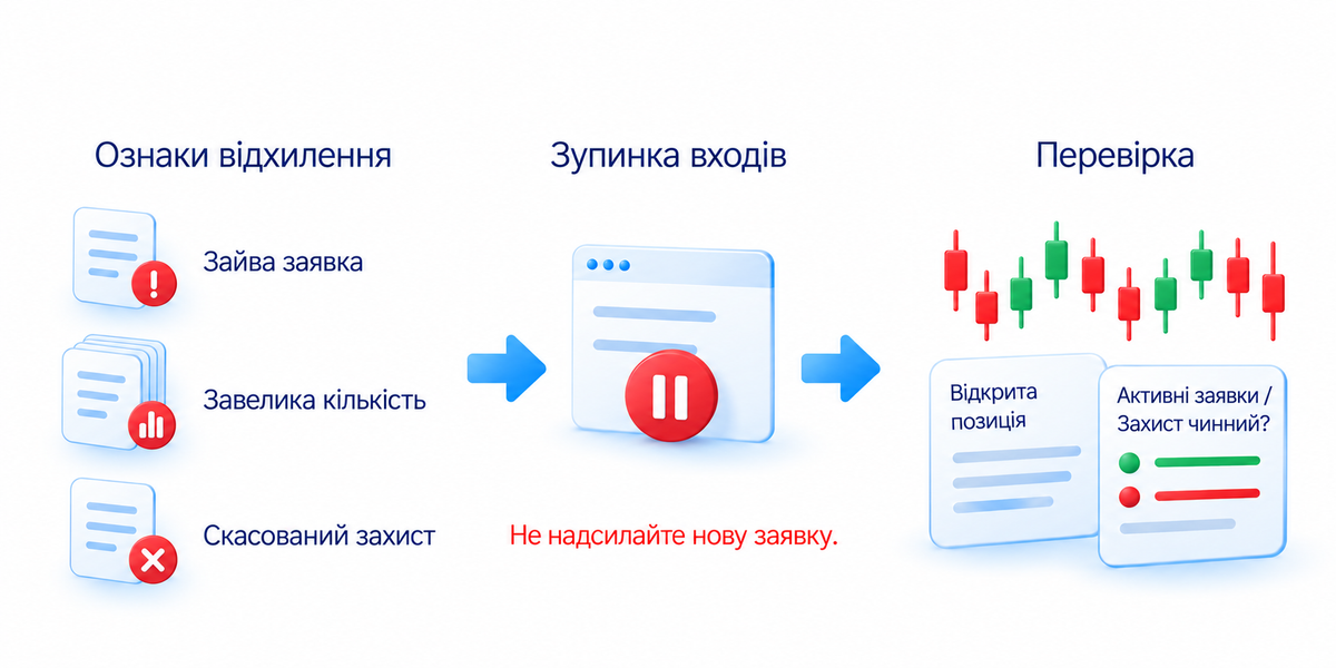 Зайва заявка, завелика кількість та скасований захист є ознаками зміни дій; зупиніть нові входи та перевірте позицію й активні заявки