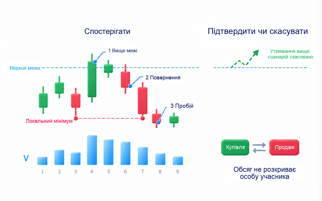 Схема ціни й обсягу: пробій верхньої межі, повернення та пробій локального мінімуму порівняно з утриманням вище межі