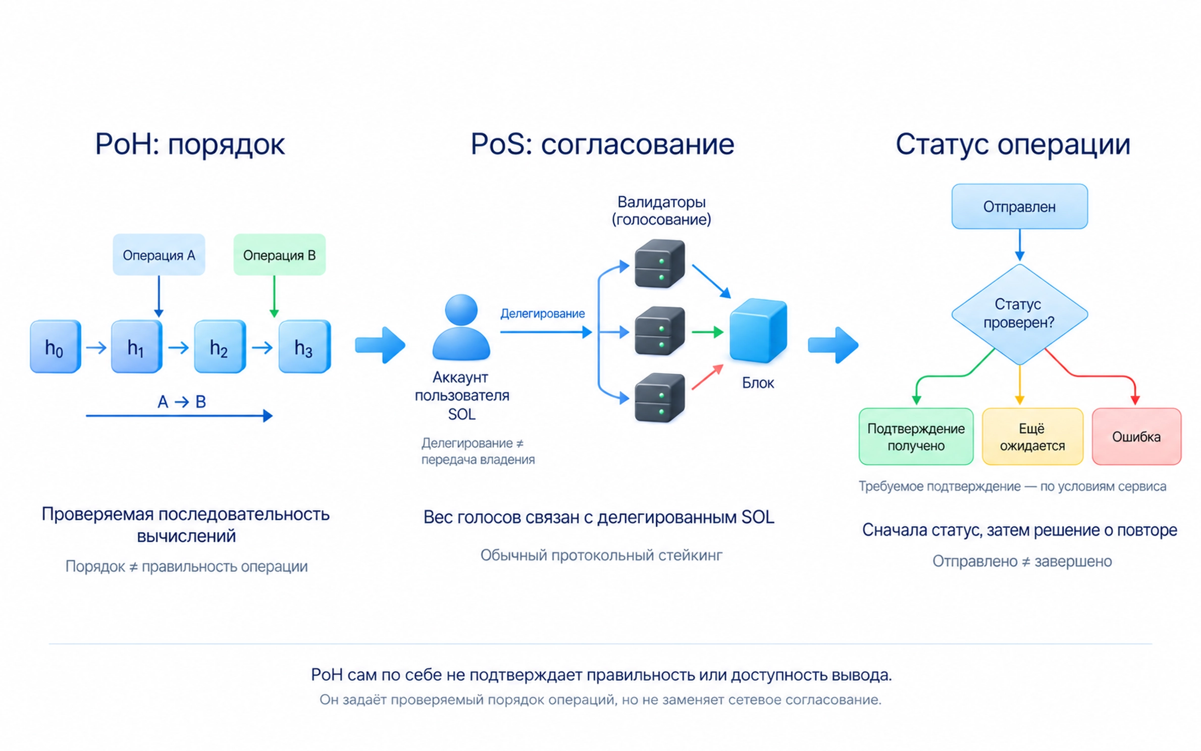 Proof of History помогает установить порядок вычислений, Proof of Stake связывает вес согласующих валидаторов с делегированным SOL; отправка не означает завершения