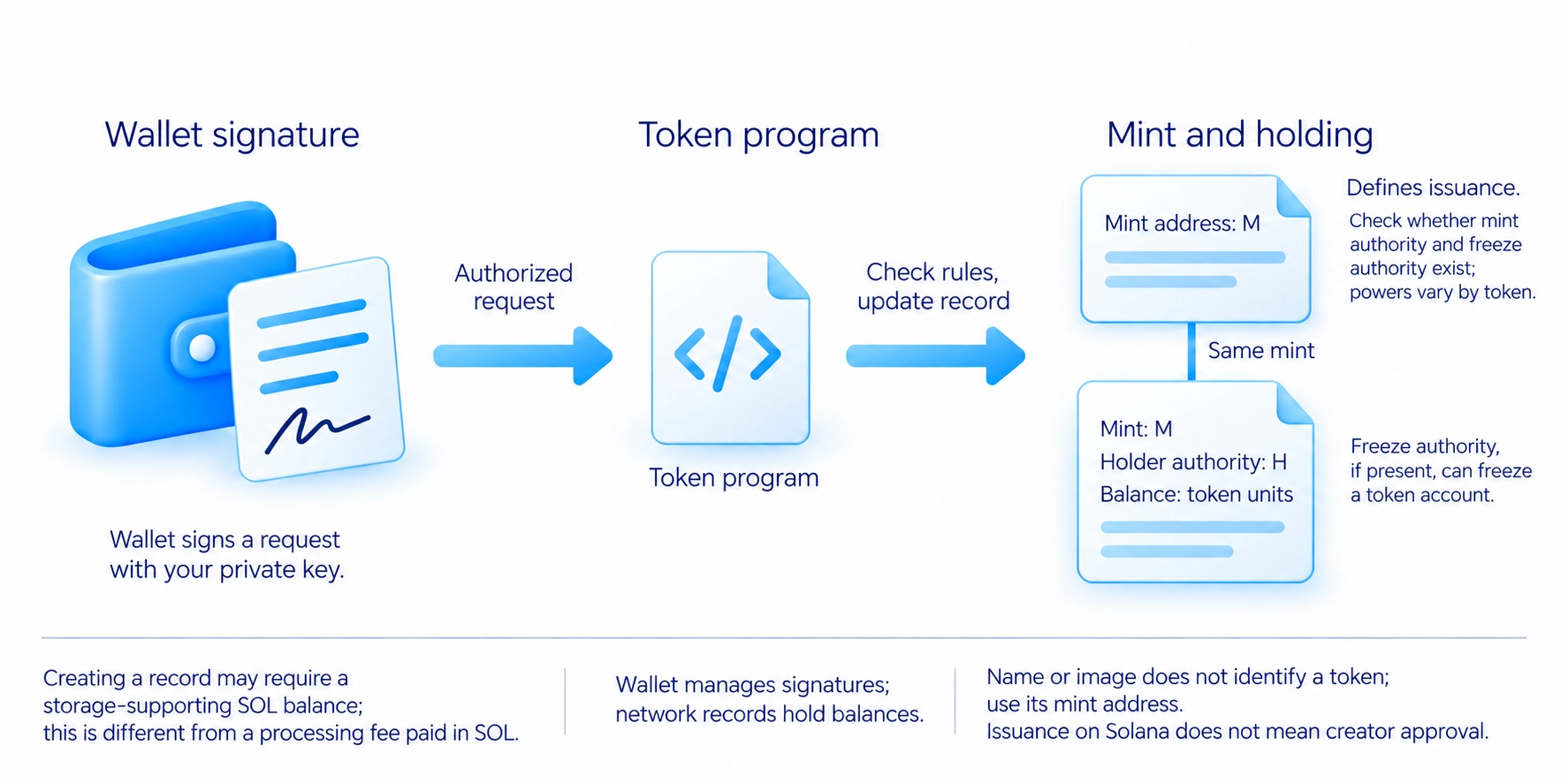 Mint addresses, token accounts and wallet access distinguish token identity and storage balance from processing fees.