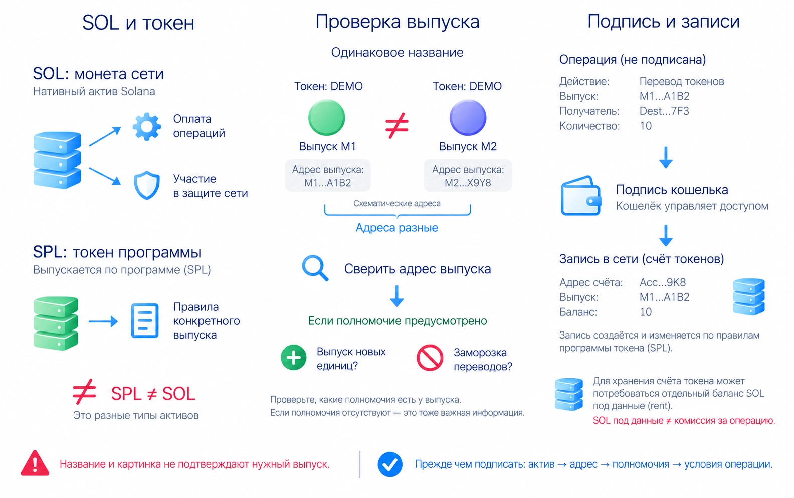 Проверка адреса выпуска, полномочий создания и заморозки и роли кошелька; остаток SOL под данные отличается от комиссии