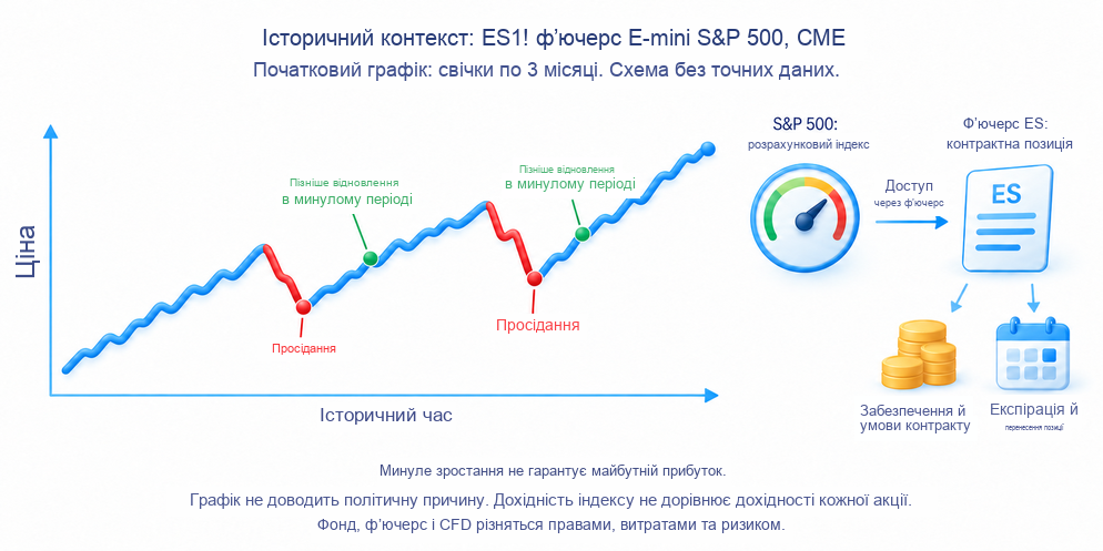 Умовна траєкторія ф’ючерсу ES після просідання й відновлення; окремо показано доступ через контракт із забезпеченням і строком