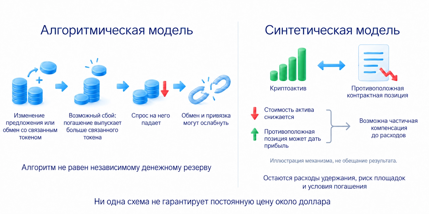 Алгоритмическая модель меняет предложение или обмен со связанным токеном; синтетическая сочетает криптоактив и противоположную контрактную позицию для возможной частичной компенсации, сохраняя условия работы и погашения