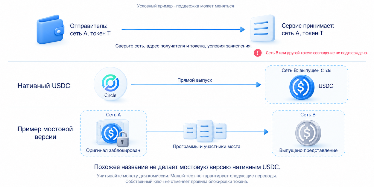 Перед отправкой сверяют сеть, адрес получателя и токена, условия зачисления; нативный USDC выпущен Circle в сети, мостовая версия добавляет программы и участников моста, проверочный перевод не гарантирует следующие