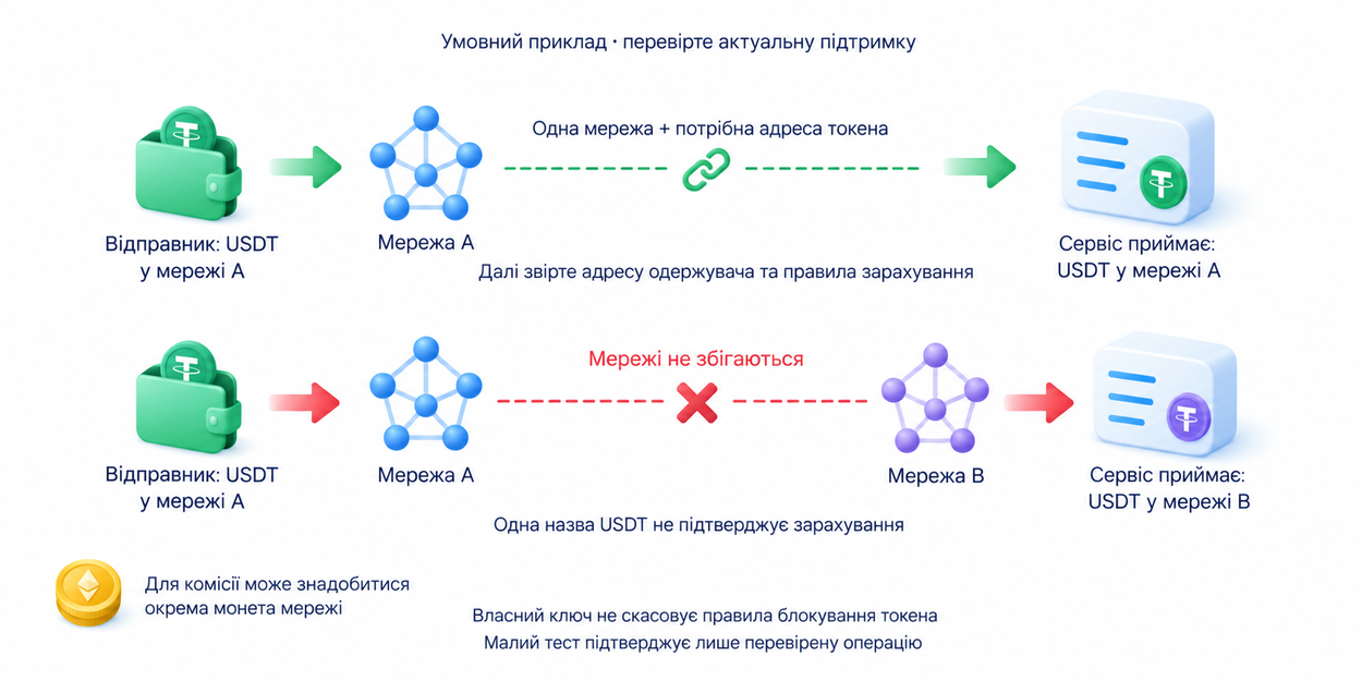 Перевірки мережі, адрес, токена й комісії перед переказом та можливі правила блокування