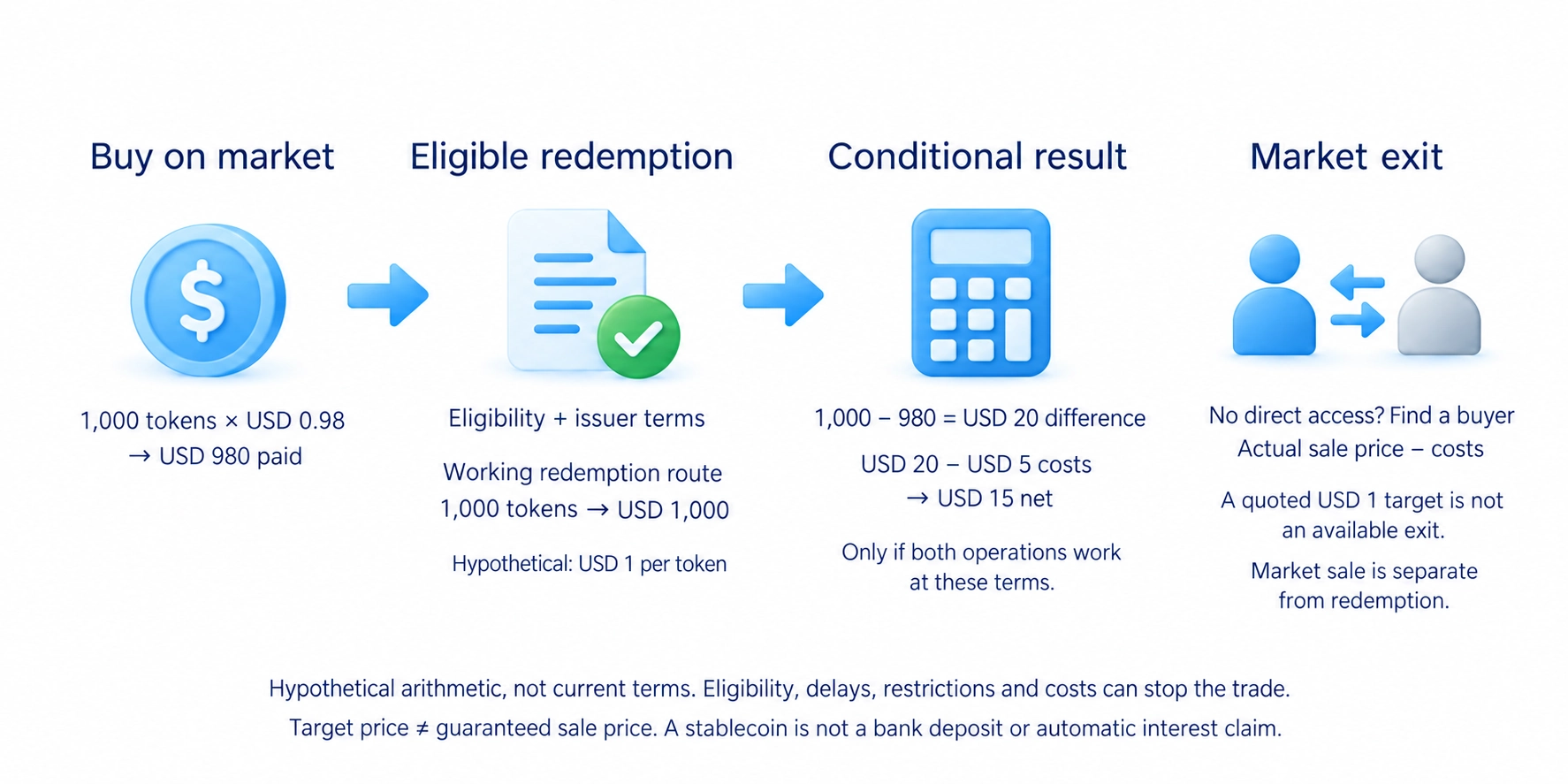 Buying below redemption value and redeeming requires eligibility, costs covered and a working redemption process.