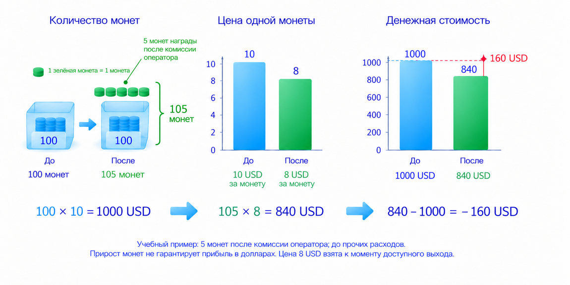 Учебный пример: 100 монет по 10 USD стоили 1000 USD, после награды 105 монет по 8 USD стоят 840 USD; результат минус 160 USD до прочих расходов