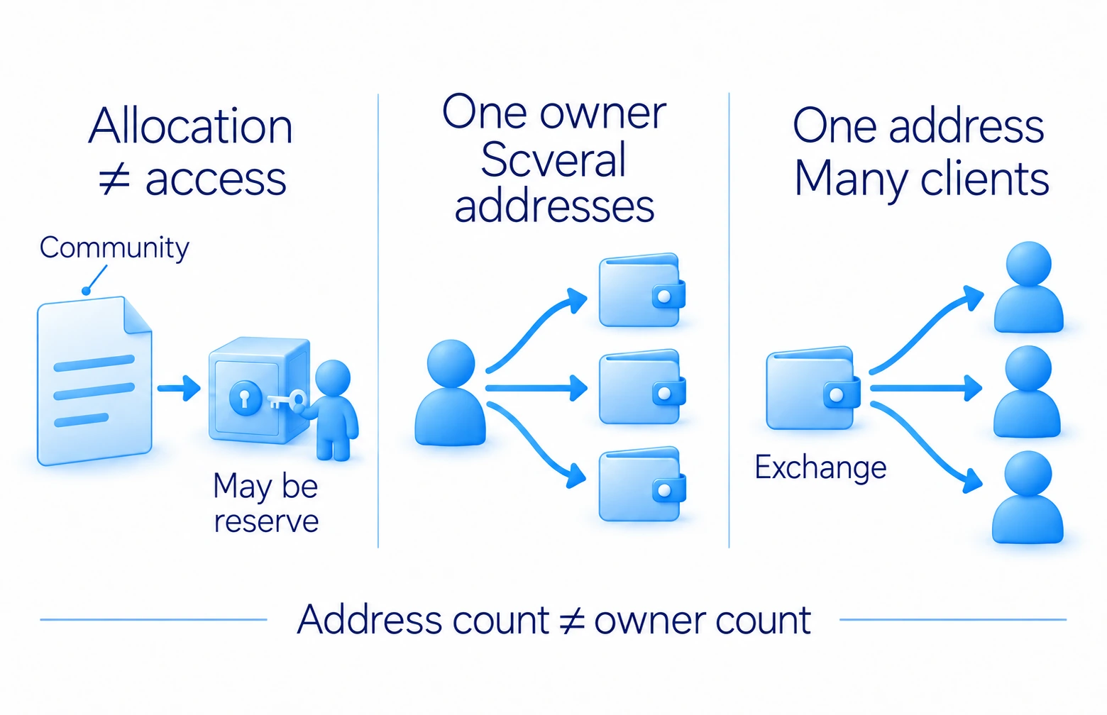 Allocation labels show intended groups and availability; community reserves need not be independently held, and addresses do not equal owners.