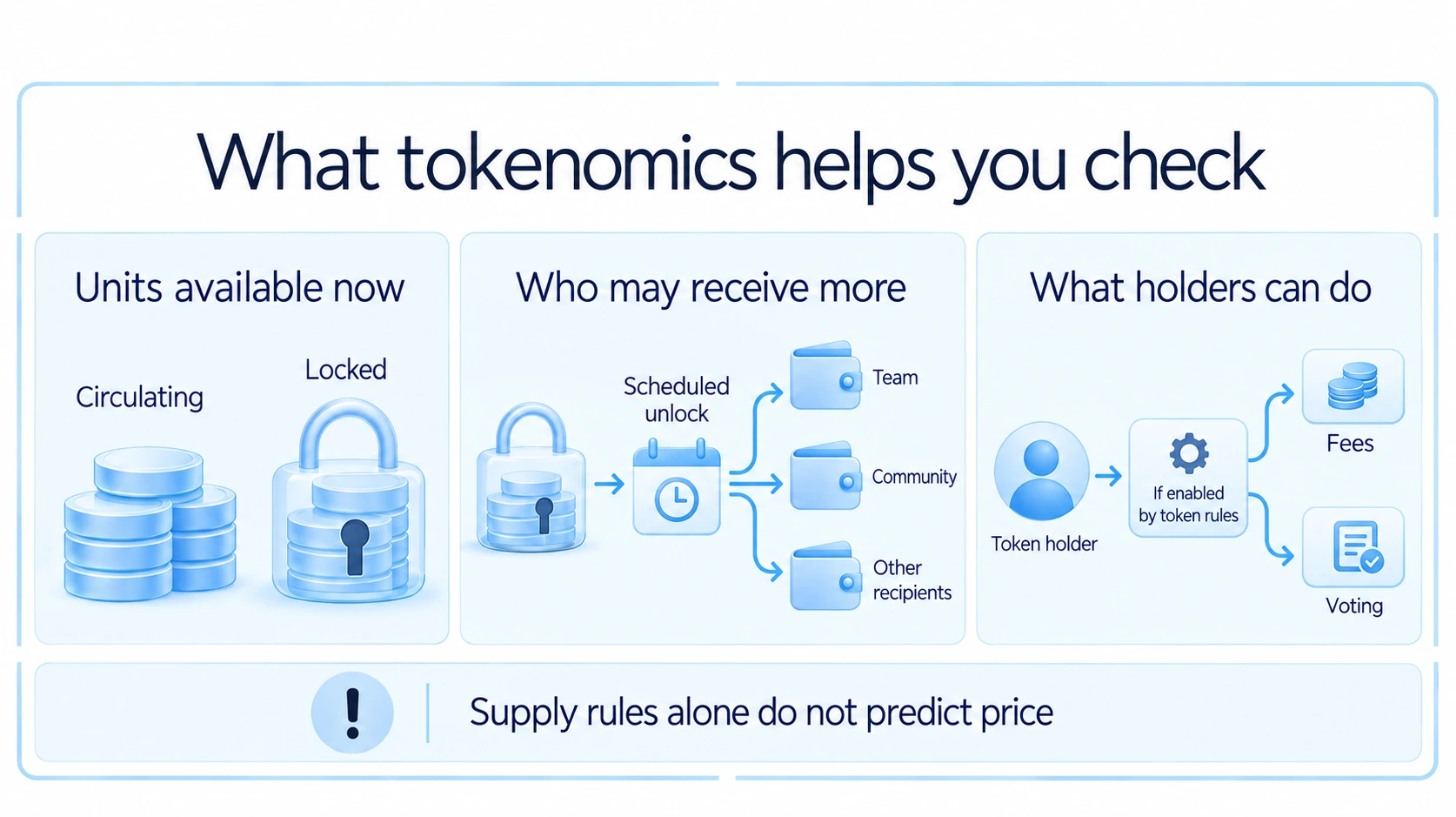 Tokenomics helps check units available now, who may receive more and what holders can do; supply rules alone do not predict price.