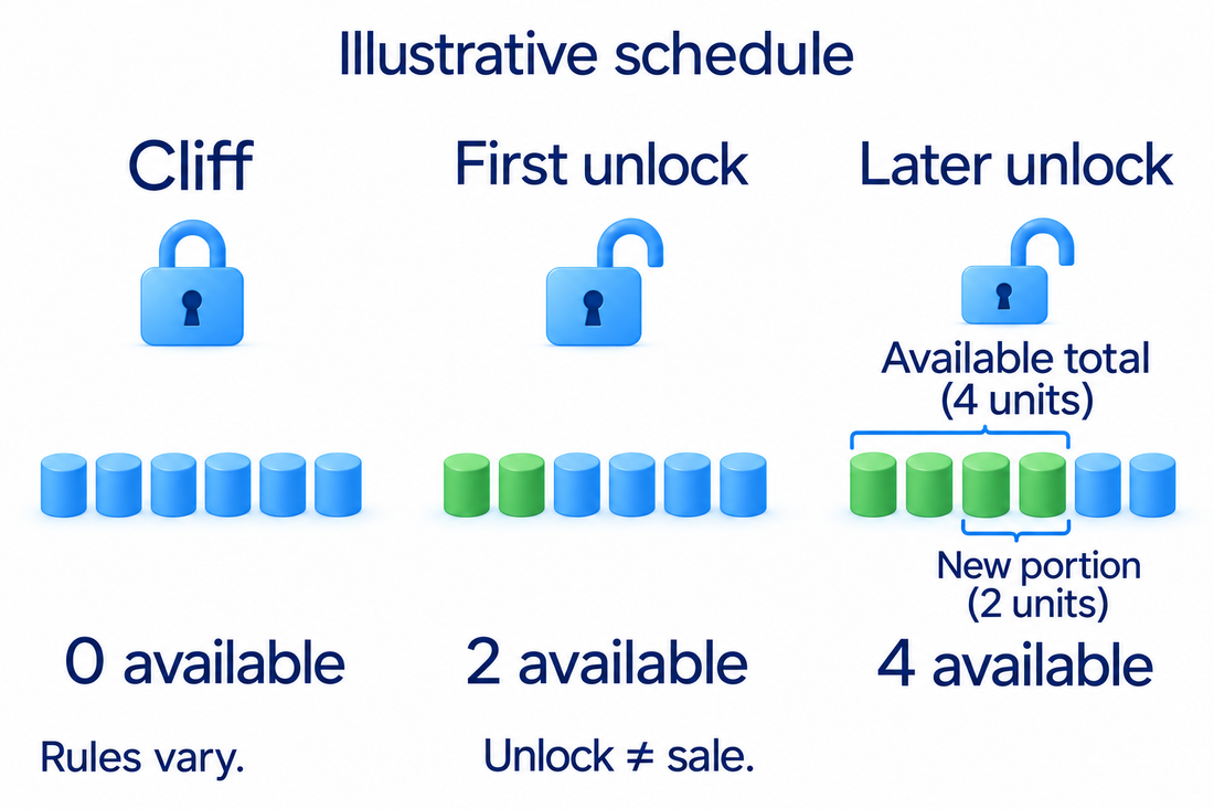 Vesting sets scheduled availability and conditions, a cliff is an initial period without access and an unlock removes a restriction on a portion; the cliff's end rules vary and unlock does not mean sold.