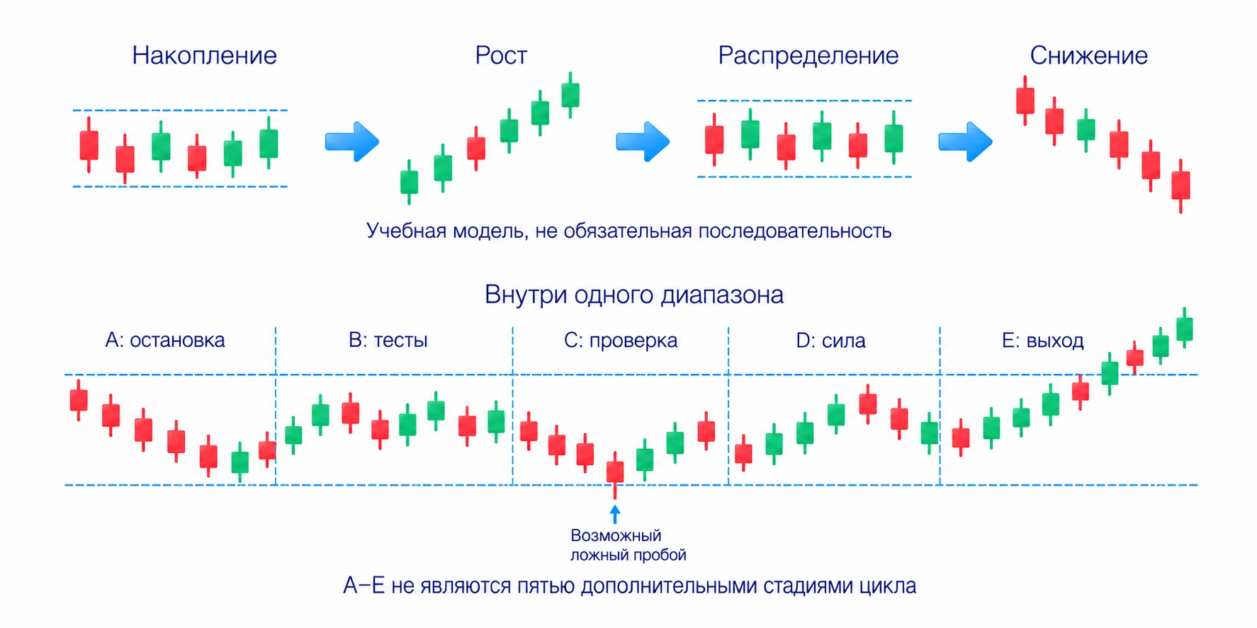Накопление, рост, распределение и снижение образуют общий цикл; A–E описывают развитие отдельного диапазона и не добавляют пять стадий