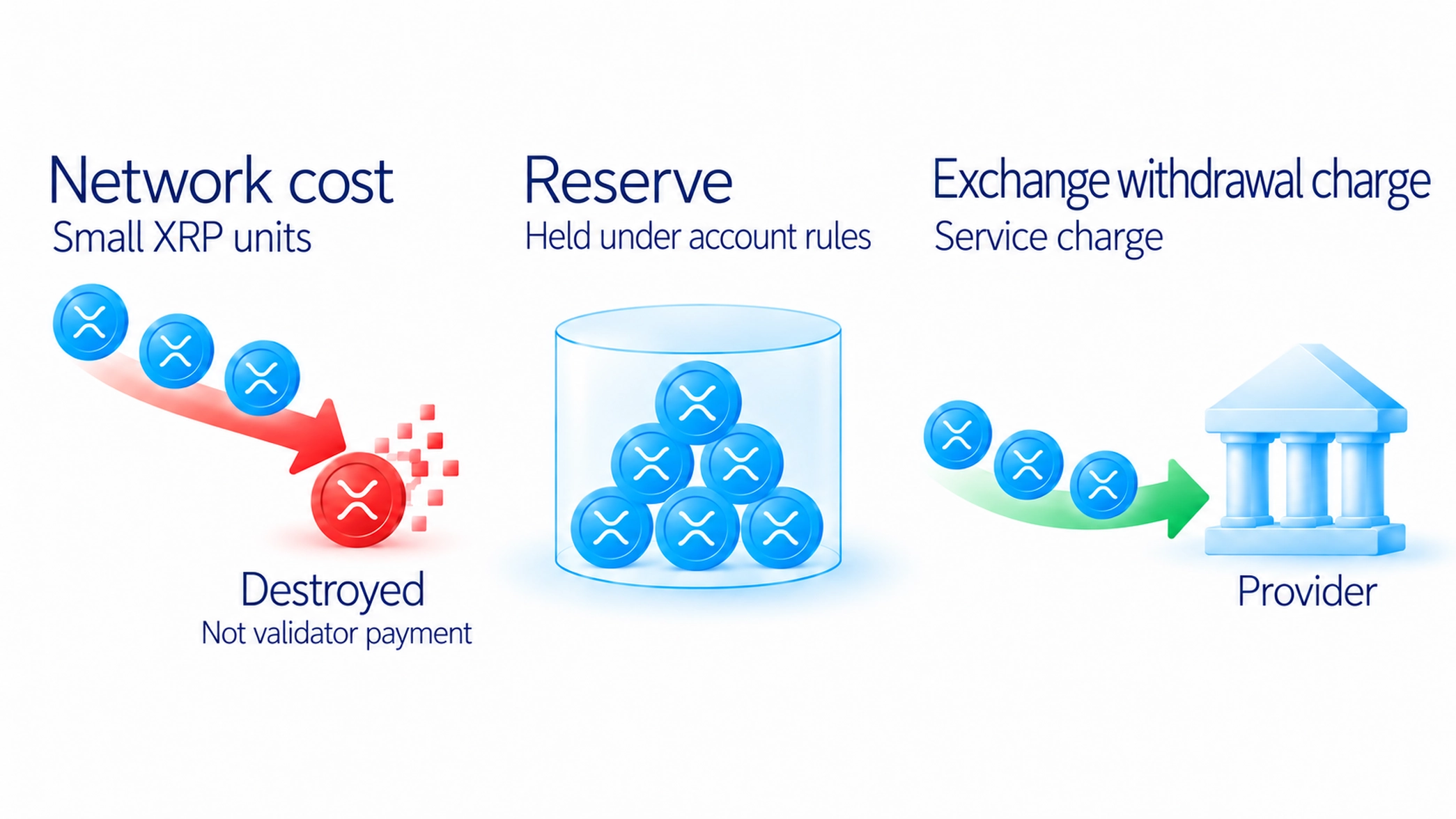 Network cost, reserve and service charge differ; source-grounded XRP distinction.