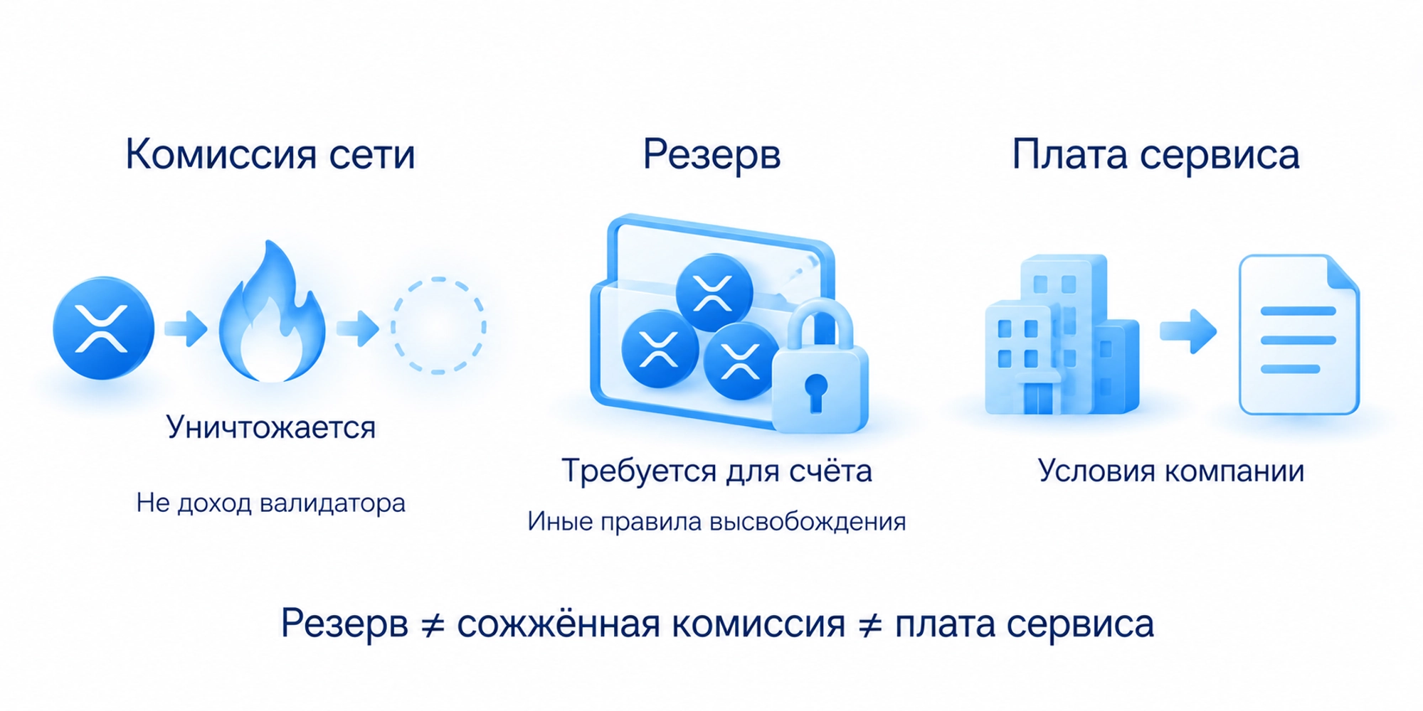 Сетевая комиссия уничтожает XRP и не является доходом валидаторов; резерв счёта не является сожжённой комиссией, параметры проверяются по сети и кошельку