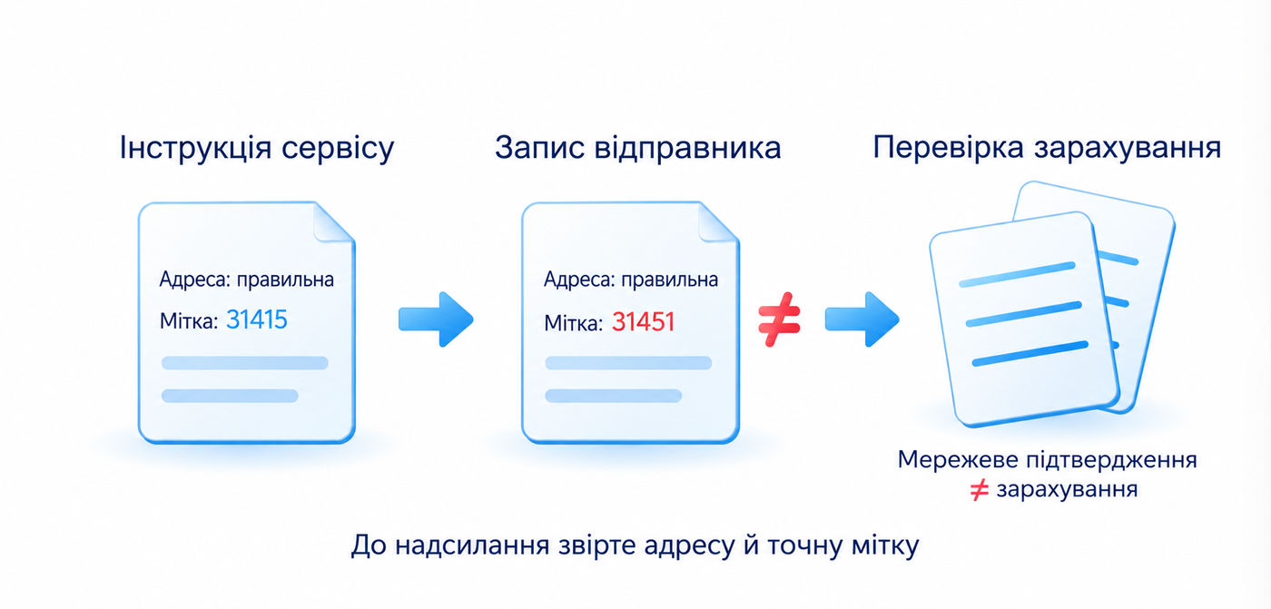 Навчальна мітка одержувача 31415 відрізняється від помилково записаної 31451; мережеве підтвердження не гарантує правильного зарахування сервісом